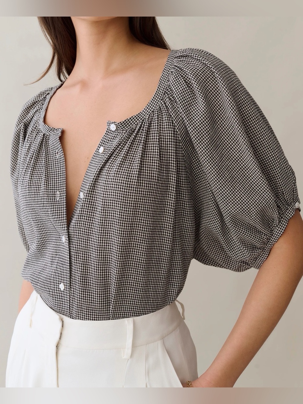 Few Moda sorella NWT Ethyl Black & White Gingham Puff-Sleeve Button Blouse